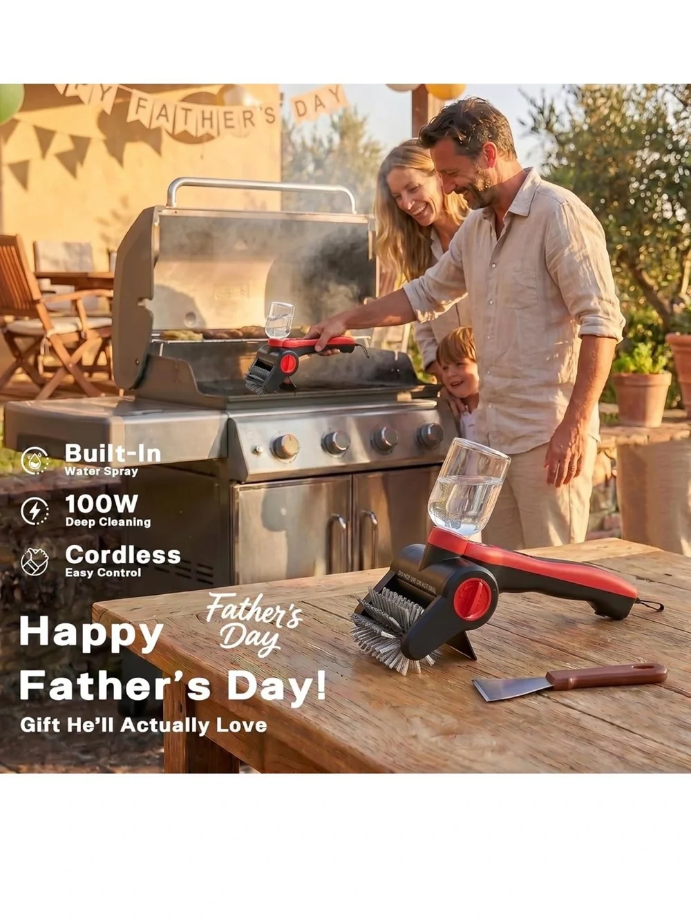 Electric grill brush 100W high power cordless BBQ cleaner with 300ml water spray